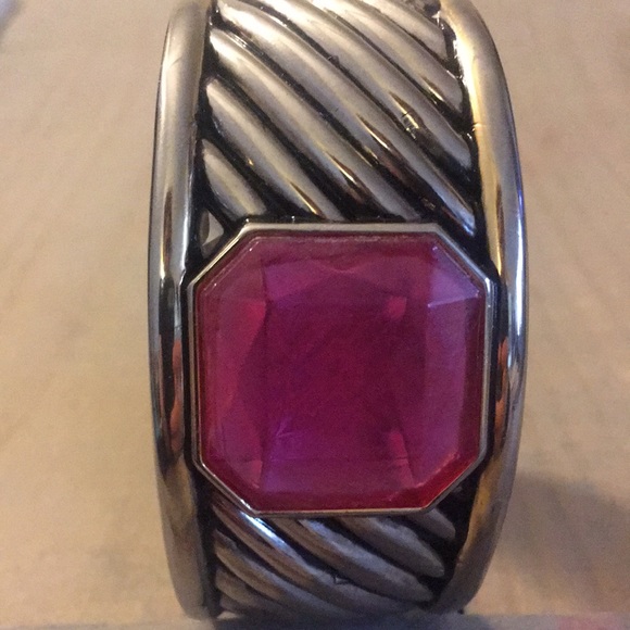 SOLD Chunky Silver Faceted Pink Gem Clamper Bracelet - Picture 3 of 3